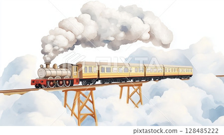 Train to the Clouds. Train to the Clouds hand drawn watercolor illustration 128485222
