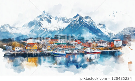 Ushuaia. Ushuaia hand drawn watercolor illustration Ushuaia. Ushuaia hand drawn watercolor illustration 128485224