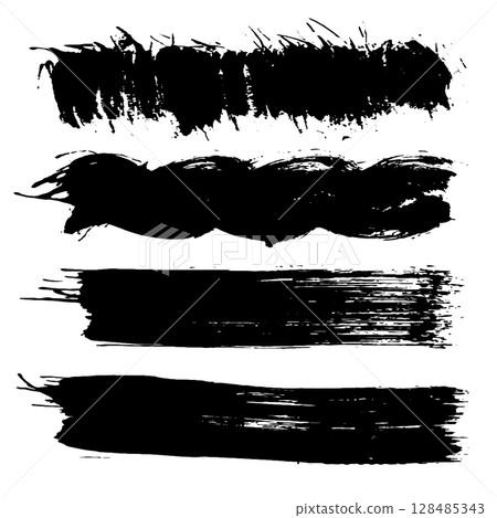 Black Brush strokes isolated on white background. Dry Brush Strokes and Scratches Retro Grunge Background. Vector brush stroke texture. Black ink, paint splatter. 128485343