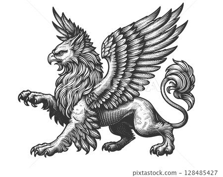 Heraldic Griffin engraving raster illustration 128485427