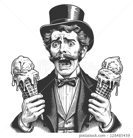 Man Holding Melting Ice Cream Cones sketch raster 128485439