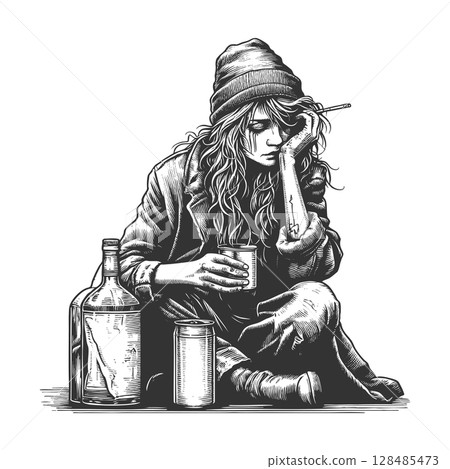 Homeless Woman with Alcohol and Cigarette raster Homeless Woman with Alcohol and Cigarette raster 128485473