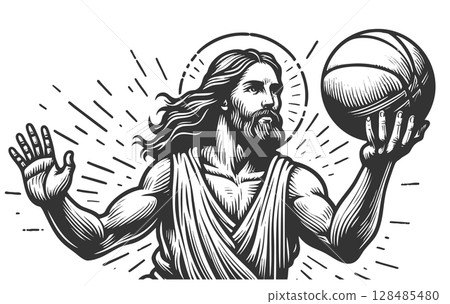 Jesus playing Basketball engraving sketch raster 128485480