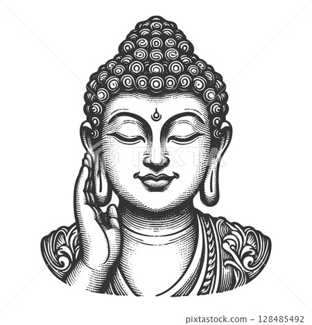 Serene Buddha Head engraving raster illustration Serene Buddha Head engraving raster illustration 128485492