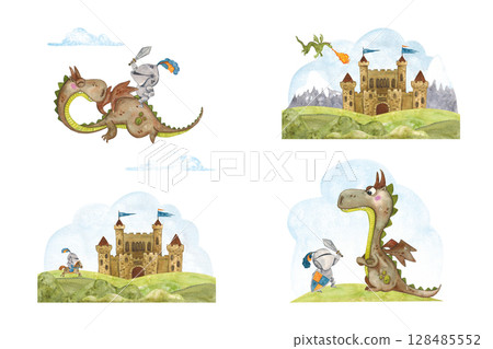 Set of compositions: ancient castle, mountains in the background, knights, dragons. Watercolor illustration hand-drawn, cartoon. Drawing for children's books, postcards, stickers, scrapbooking 128485552
