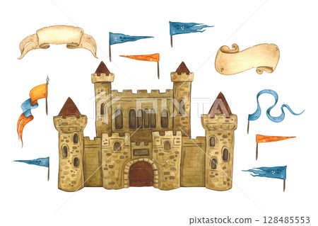 Watercolor illustration set: old castle, blue and orange flags for towers. Hand drawn illustration, cartoonish. Drawing for blanks, stickers, scrapbooking. Building, palace, medieval, history Watercolor illustration set: old castle, blue and orange flags for towers. Hand drawn illustration, cartoonish. Drawing for blanks, stickers, scrapbooking. Building, palace, medieval, history 128485553