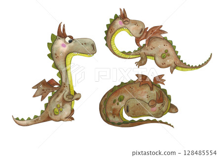 Set with fairy tale dragons. Watercolor illustration hand drawn, cartoon. Drawing for stickers, print, posters, children's books. Fairy tale, story, hero, knight, dragon, princess, dinosaur, boy, kids Set with fairy tale dragons. Watercolor illustration hand drawn, cartoon. Drawing for stickers, print, posters, children's books. Fairy tale, story, hero, knight, dragon, princess, dinosaur, boy, kids 128485554