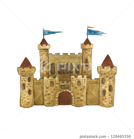 Old medieval castle with flags on towers. Watercolor illustration hand drawn, cartoon. drawing for stickers, cards, print, scrapbooking. history, building, housing, stone Old medieval castle with flags on towers. Watercolor illustration hand drawn, cartoon. drawing for stickers, cards, print, scrapbooking. history, building, housing, stone 128485556