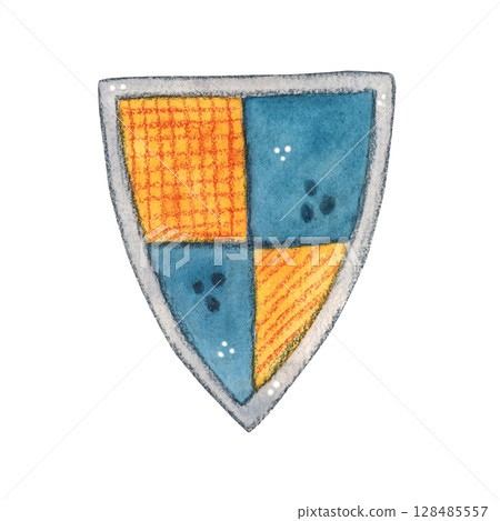 Knight's shield with blue and orange squares. Watercolor illustration hand drawn, cartoon. Drawing for print on cake, sticker, poster, fabric. Traditional, costume, culture, defense, weapon, knig 128485557
