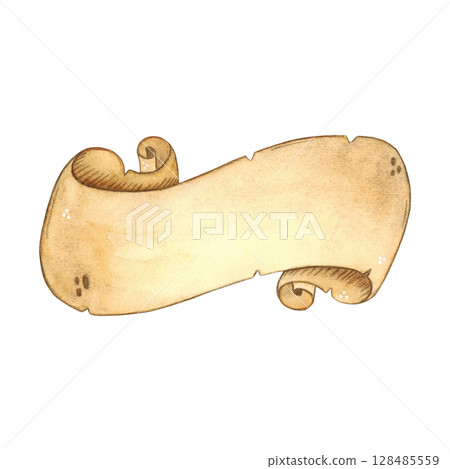 Parchment, twisted old paper. Hand drawn illustration in cartoon. Drawing for stickers, cards, labels, scrapbooking. Retro, old, medieval, paper, banner, for text, parchment 128485559