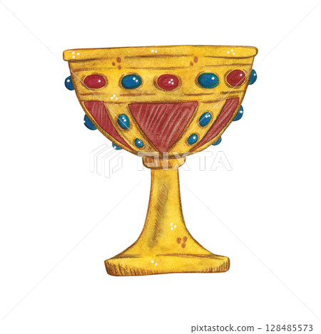 Golden cup inlaid with precious stones. Watercolor illustration hand drawn, cartoon. Drawing for scrapbooking, stickers, cards. King, wealth, gold, knight, cup, dishes Golden cup inlaid with precious stones. Watercolor illustration hand drawn, cartoon. Drawing for scrapbooking, stickers, cards. King, wealth, gold, knight, cup, dishes 128485573