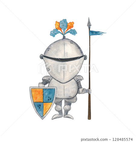 Medieval knight with shield and spear. Watercolor illustration hand drawn, cartoon. drawing for stickers, cards, print, scrapbooking. History, armor, fairy tale, adventure, 128485574