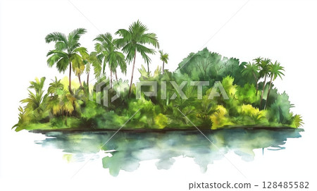 Amazon rainforest. Amazon rainforest hand drawn watercolor illustration 128485582