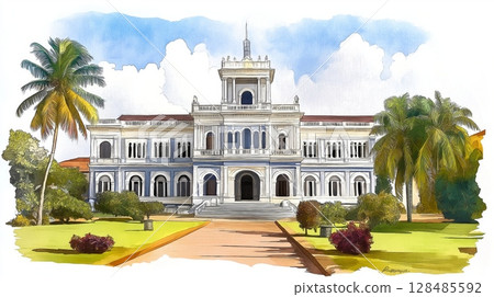 Palacio de Lopez. Palacio de Lopez hand drawn watercolor illustration Palacio de Lopez. Palacio de Lopez hand drawn watercolor illustration 128485592