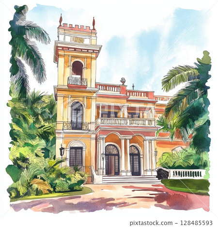 Palacio de Lopez. Palacio de Lopez hand drawn watercolor illustration 128485593