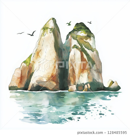 Ballestas Islands. Ballestas Islands hand drawn watercolor illustration Ballestas Islands. Ballestas Islands hand drawn watercolor illustration 128485595