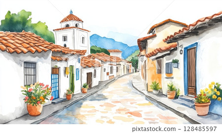 Banos de Agua Santa. Banos de Agua Santa hand drawn watercolor illustration 128485597