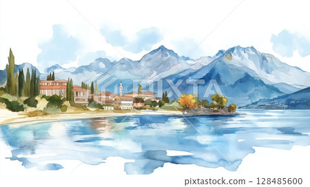Bariloche. Bariloche hand drawn watercolor illustration 128485600