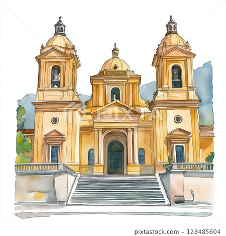 Bogota Gold Museum. Bogota Gold Museum hand drawn watercolor illustration 128485604