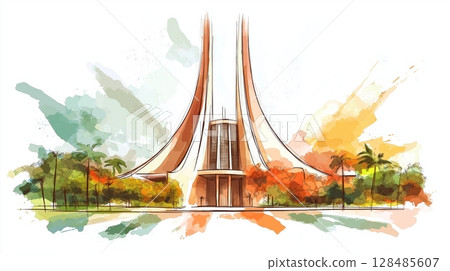 Brasilia Cathedral. Brasilia Cathedral hand drawn watercolor illustration 128485607