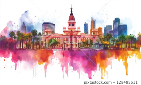 Plaza de Mayo and Casa Rosada. Plaza de Mayo and Casa Rosada hand drawn watercolor illustration Plaza de Mayo and Casa Rosada. Plaza de Mayo and Casa Rosada hand drawn watercolor illustration 128485611