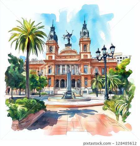 Plaza de Mayo and Casa Rosada. Plaza de Mayo and Casa Rosada hand drawn watercolor illustration Plaza de Mayo and Casa Rosada. Plaza de Mayo and Casa Rosada hand drawn watercolor illustration 128485612