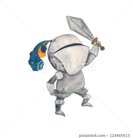 Medieval knight with sword. Watercolor illustration hand drawn, cartoon. drawing for stickers, cards, print, scrapbooking. History, armor, fairy tale, adventure, middle age 128485613