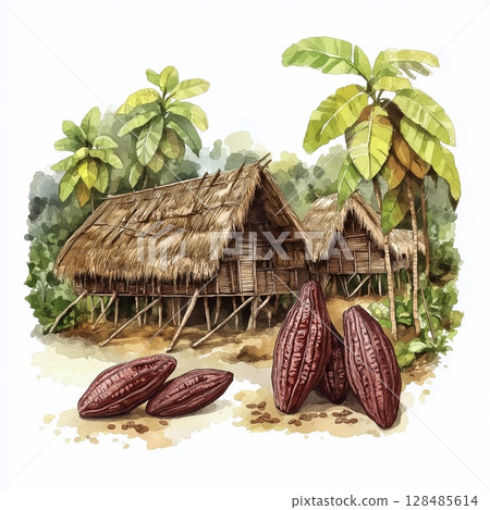 Cacao Hmong Village. Cacao Hmong Village hand drawn watercolor illustration 128485614