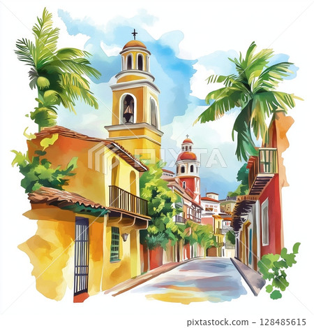 Cali Salsa capital. Cali Salsa capital hand drawn watercolor illustration 128485615