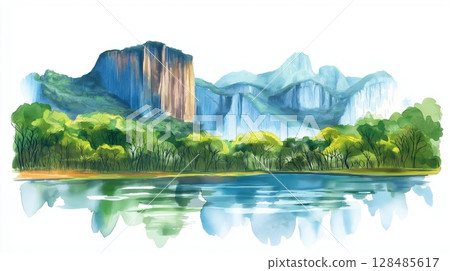 Canaima National Park. Canaima National Park hand drawn watercolor illustration 128485617
