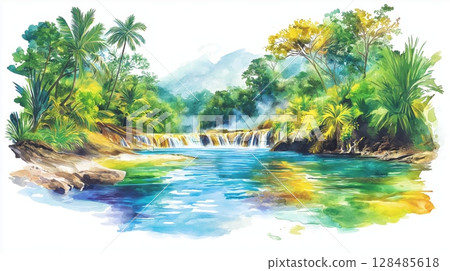 Cano Cristales - Rainbow River. Cano Cristales - Rainbow River hand drawn watercolor illustration 128485618
