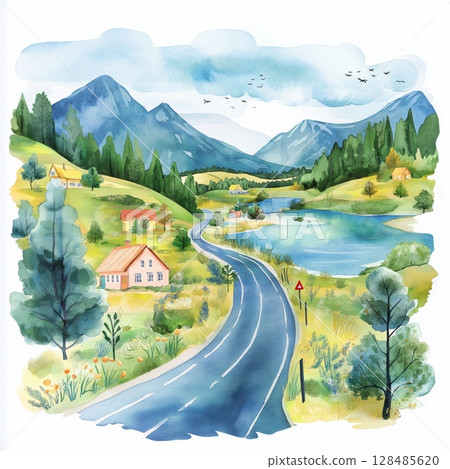 Carretera Austral. Carretera Austral hand drawn watercolor illustration 128485620