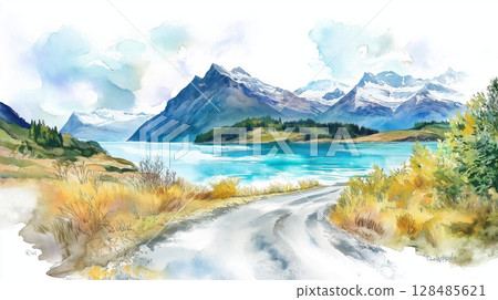 Carretera Austral. Carretera Austral hand drawn watercolor illustration Carretera Austral. Carretera Austral hand drawn watercolor illustration 128485621