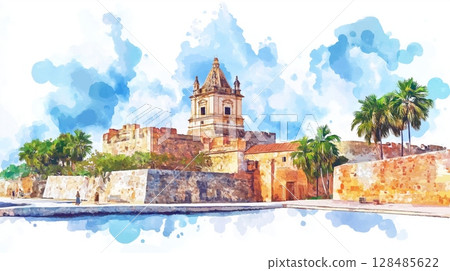 Castillo San Felipe de Barajas. Castillo San Felipe de Barajas hand drawn watercolor illustration 128485622