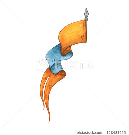Long vintage waving flag with blue and orange segments. Hand drawn illustration in cartoon. Drawing for stickers, cards, labels, scrapbooking. Retro, old, medieval, flag, ribbon, blue Long vintage waving flag with blue and orange segments. Hand drawn illustration in cartoon. Drawing for stickers, cards, labels, scrapbooking. Retro, old, medieval, flag, ribbon, blue 128485633