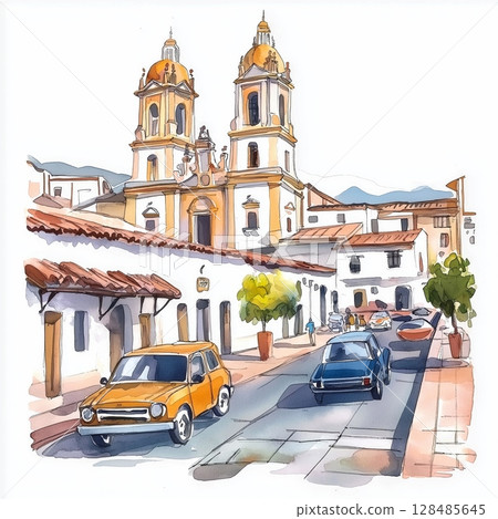 Sucre Historic Center. Sucre Historic Center hand drawn watercolor illustration 128485645
