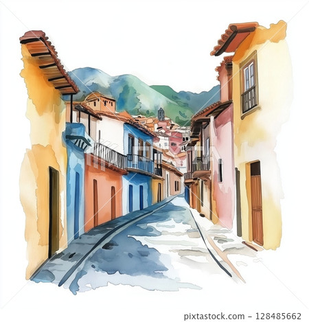 Villa La Angostura. Villa La Angostura hand drawn watercolor illustration 128485662