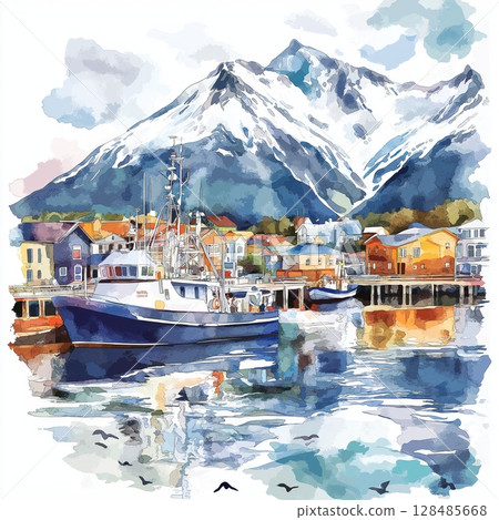 Ushuaia. Ushuaia hand drawn watercolor illustration 128485668