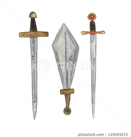 Medieval weapons, set of three swords. Watercolor illustration hand drawn, cartoon. Drawing for scrapbooking, stickers. Knight, history, weapon, sword, iron, defense, handl Medieval weapons, set of three swords. Watercolor illustration hand drawn, cartoon. Drawing for scrapbooking, stickers. Knight, history, weapon, sword, iron, defense, handl 128485672