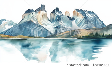 Torres del Paine National Park. Torres del Paine National Park hand drawn watercolor illustration 128485685
