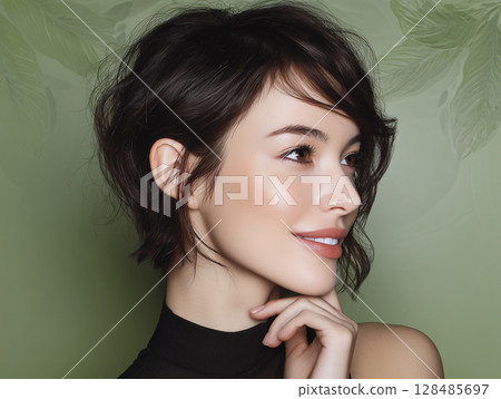 人工智慧生成的圖像：一位年輕女子的臉部特寫，她的手托著下巴 128485697