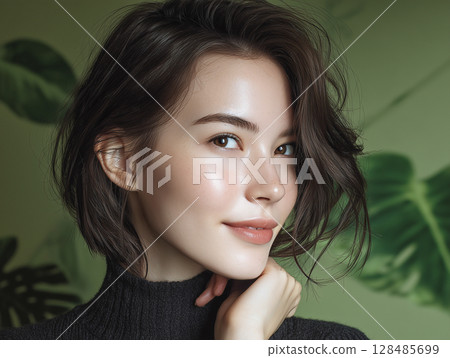 AI-generated image: Close-up of a young woman's face with her hand on her chin 128485699