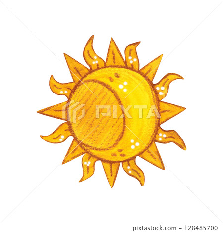 Sun emblem. Watercolor illustration hand drawn, cartoon. Drawing for scrapbooking, stickers. Knight, history, emblem, middle ages, flag, symbol, sun, moon, yellow, Sun emblem. Watercolor illustration hand drawn, cartoon. Drawing for scrapbooking, stickers. Knight, history, emblem, middle ages, flag, symbol, sun, moon, yellow, 128485700