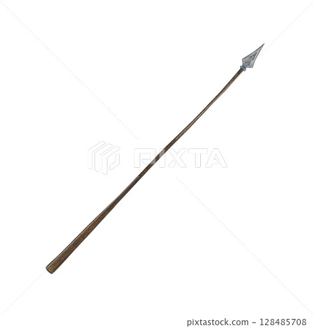 Spear, medieval weapon. Watercolor illustration hand drawn, cartoon. Drawing for stickers, scrapbooking. Knight, warrior, spear, weapon, history, old, wooden, stick Spear, medieval weapon. Watercolor illustration hand drawn, cartoon. Drawing for stickers, scrapbooking. Knight, warrior, spear, weapon, history, old, wooden, stick 128485708