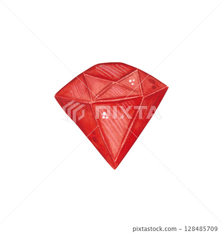 Red gemstone. Hand drawn illustration, cartoon. Drawing for stickers, cards, labels, scrapbooking. Wealth, jewel, treasure, stone, red, ruby 128485709