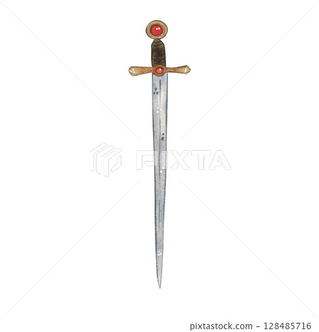 Medieval weapon, sword with a red stone in the handle. Watercolor illustration hand drawn, cartoon. Drawing for scrapbooking, stickers. Knight, history, weapon, sword, iron, defense, handle, middle 128485716