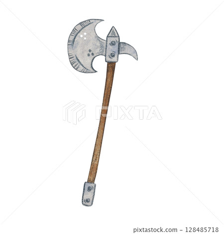 Medieval weapon, axe on a long handle, francisca. Watercolor illustration hand drawn, cartoon. Drawing for scrapbooking, stickers. Knight, history, weapon, axe, francisca Medieval weapon, axe on a long handle, francisca. Watercolor illustration hand drawn, cartoon. Drawing for scrapbooking, stickers. Knight, history, weapon, axe, francisca 128485718