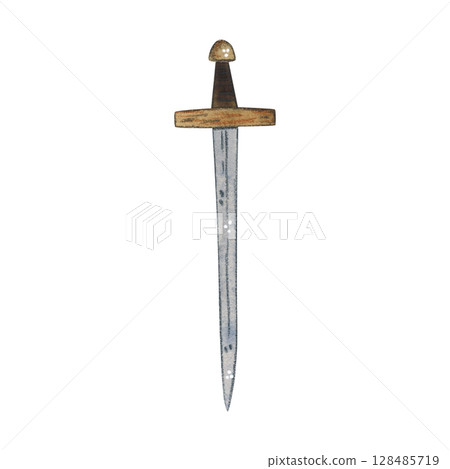 Medieval weapon, sword. Watercolor illustration hand drawn, cartoon. Drawing for scrapbooking, stickers. Knight, history, weapon, sword, iron, defense, handle, middle ages 128485719