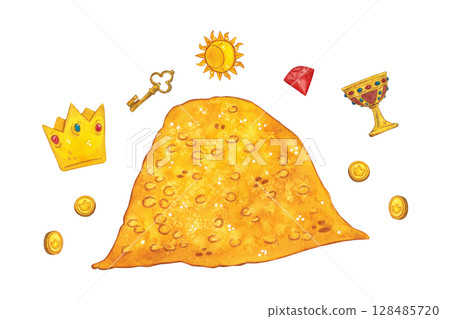 Watercolor illustration set: gold pile, coins, key, crown, gem. Hand drawn illustration, cartoon. Drawing for blanks, stickers, scrapbooking. Wealth, business, money Watercolor illustration set: gold pile, coins, key, crown, gem. Hand drawn illustration, cartoon. Drawing for blanks, stickers, scrapbooking. Wealth, business, money 128485720