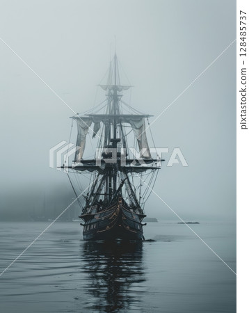 A ghostly sailing pirate ship emerges from a dense fog on the open sea, creating a mysterious and eerie maritime scene. 128485737